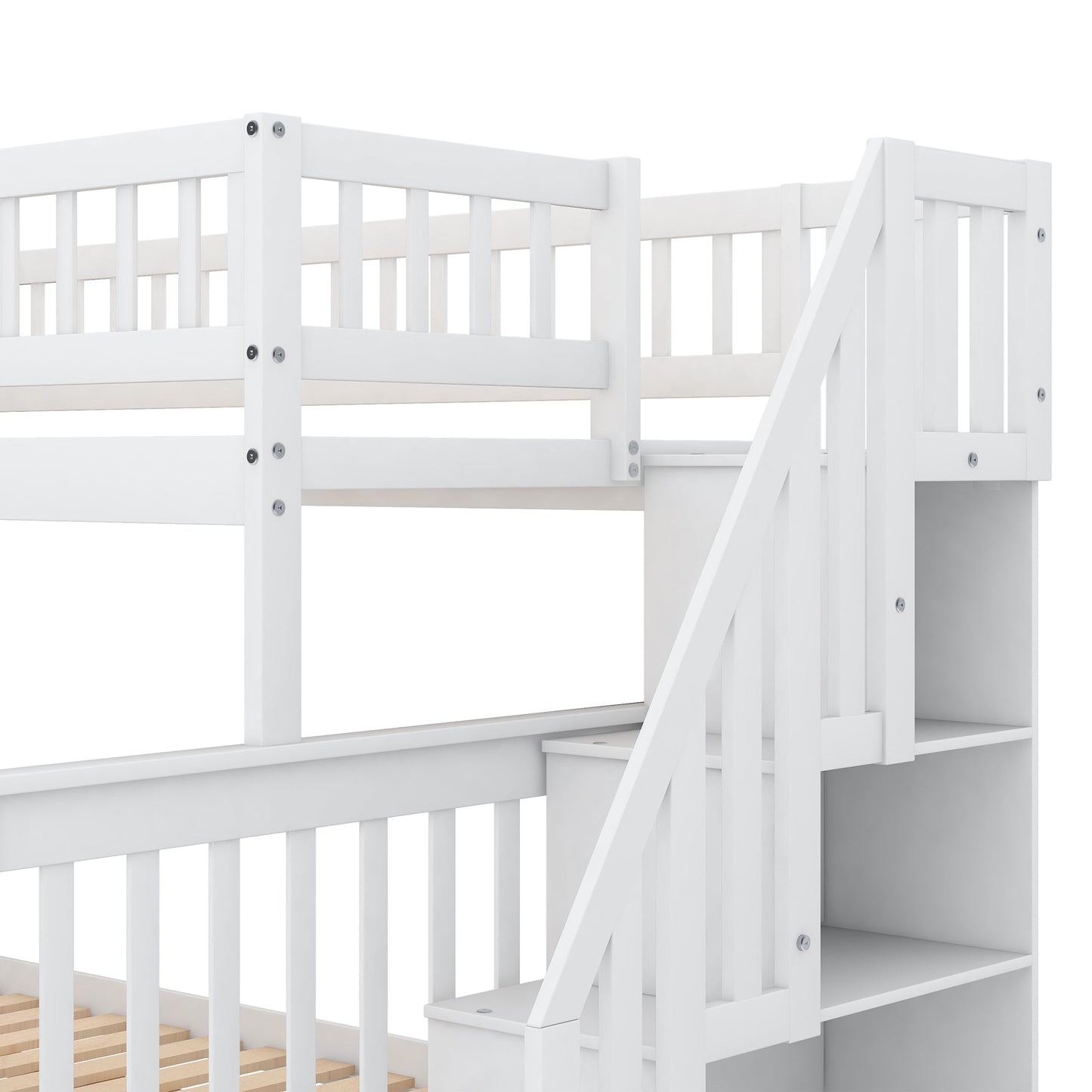Elegant Twin over Full Bunk Bed with Trundle and Staircase - White