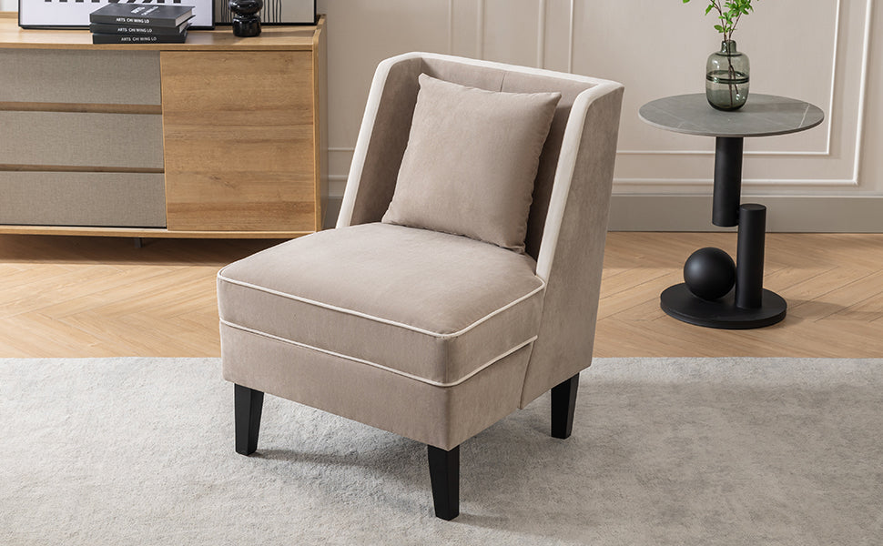 Velvet Upholstered Accent Chair with Cream Piping, Tan and Cream - Korvel