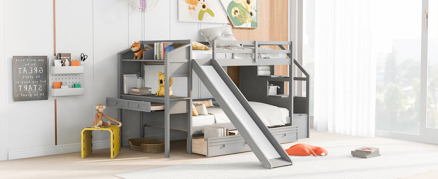 Lit superposé jumeau avec rangement et bureau - Gris