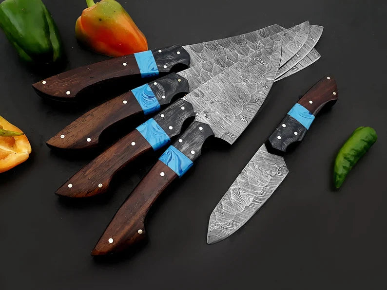 Premium Handmade Damascus Chef Knife Set – 13" Wenge Resin Handle with Leather Sheath - Korvel