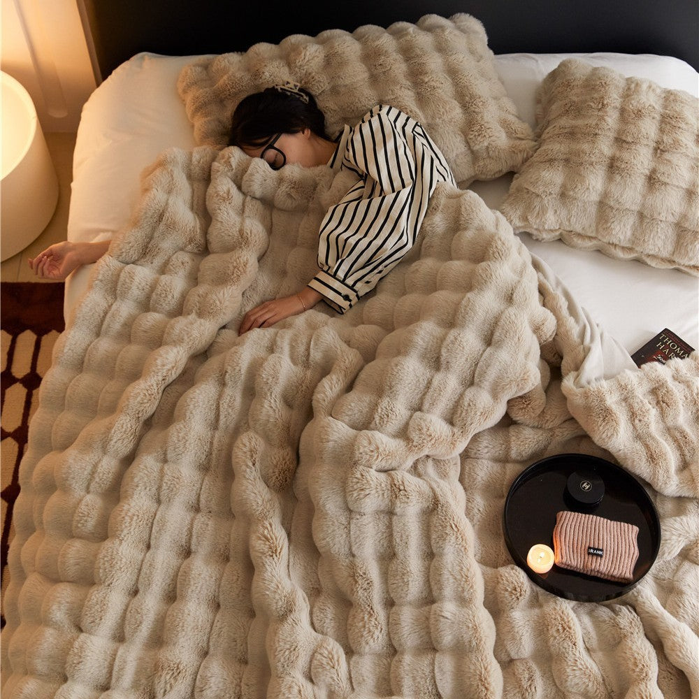 Double-sided Rabbit Fleece Blanket Solid Color Faux Fur Plush Blanket Soft Warm Throw Blanket For Couch Sofa Nap Blanket For Winter - Korvel