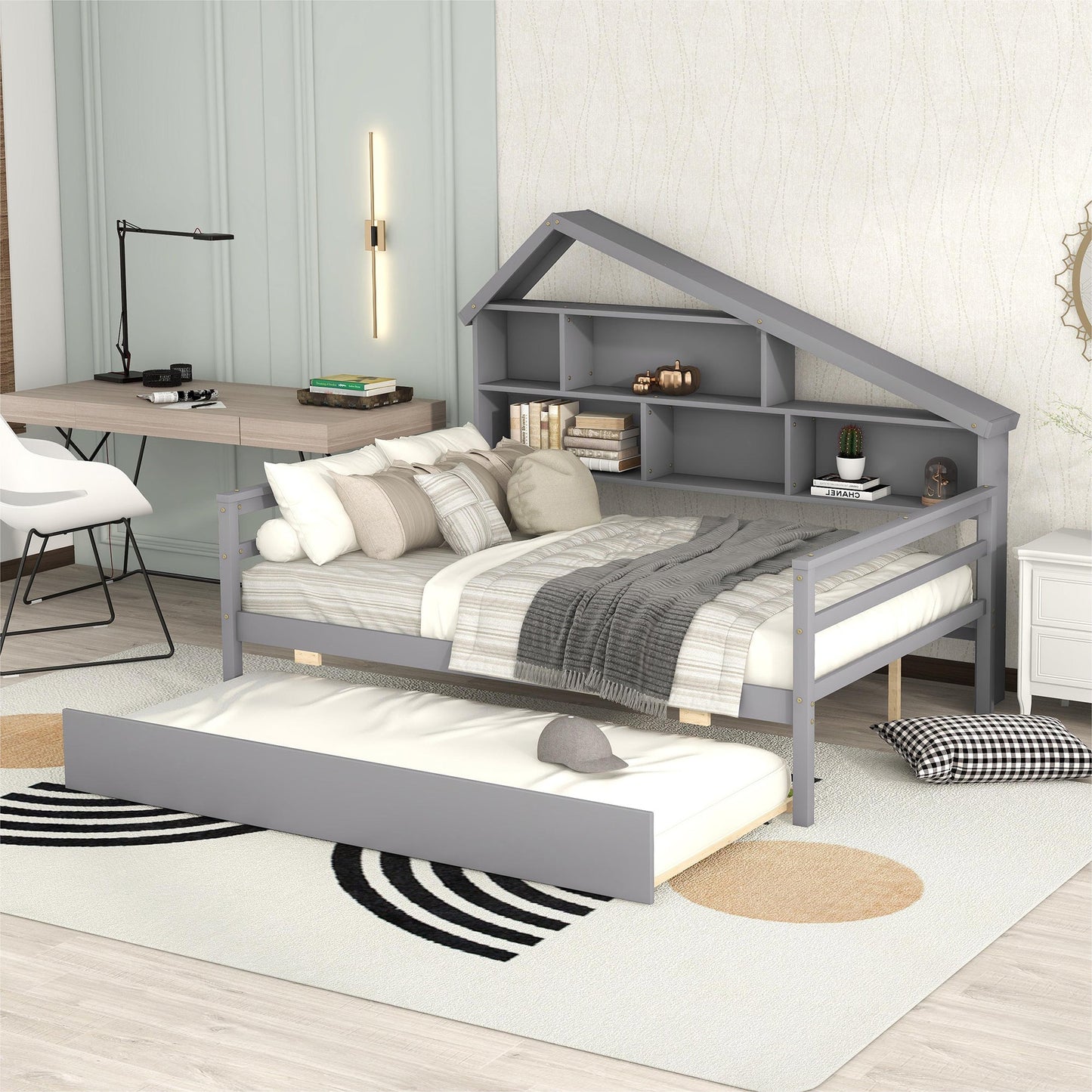 Full Size Platform Bed with Trundle and Shelves Gray - Korvel