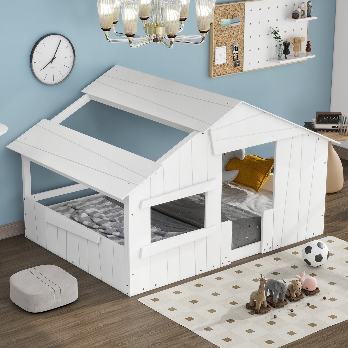 Wood Full Size House Bed with Roof, Window and Guardrail White - Korvel