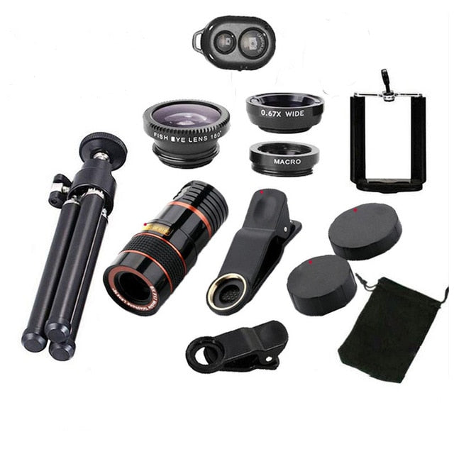 10 in 1 Kits 12x Zoom Telephoto Lens Fish eye Lens Wide Angle Macro Lenses Cell Phone Mobile Tripod - Korvel