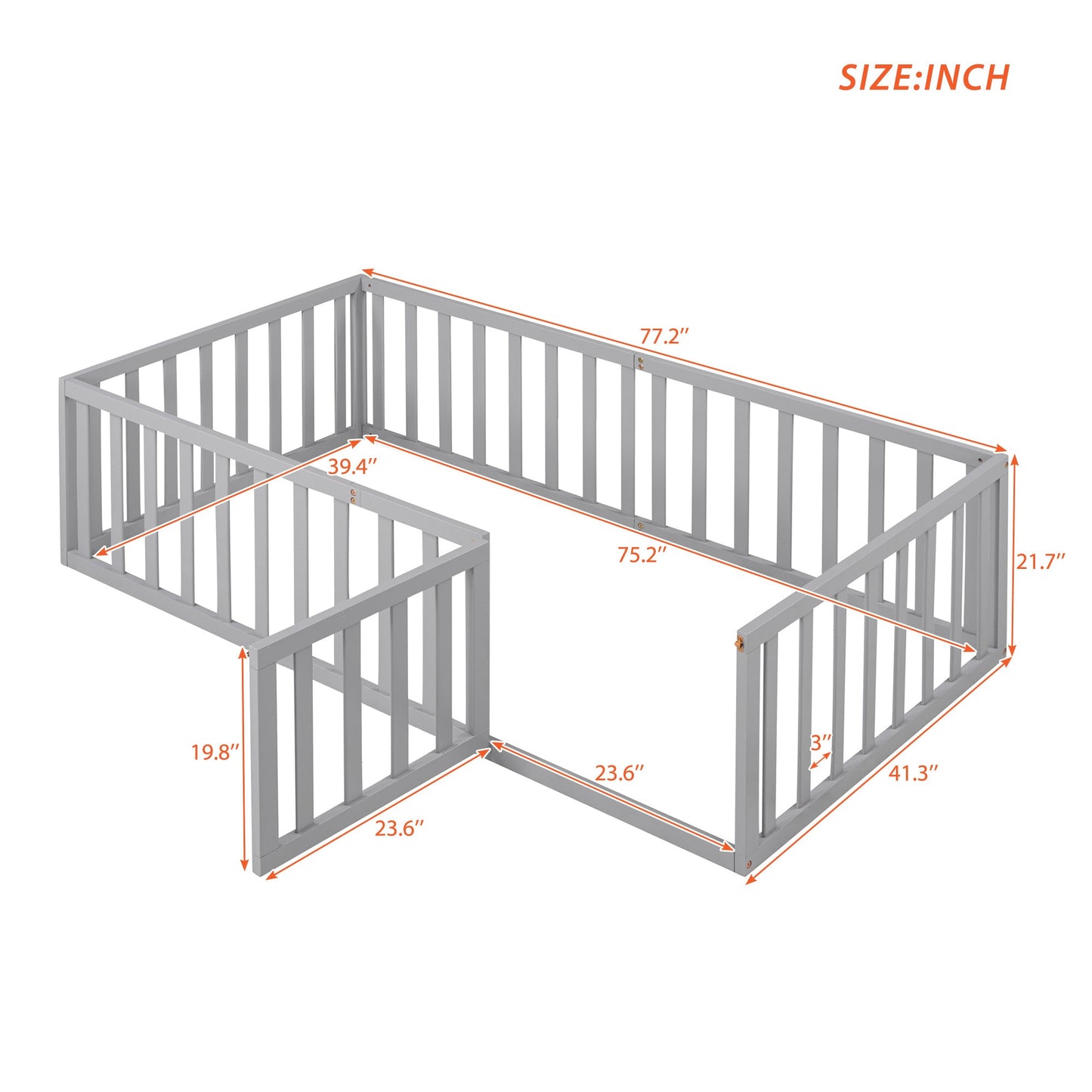 Twin Size Wood Daybed Frame with Fence - Gray