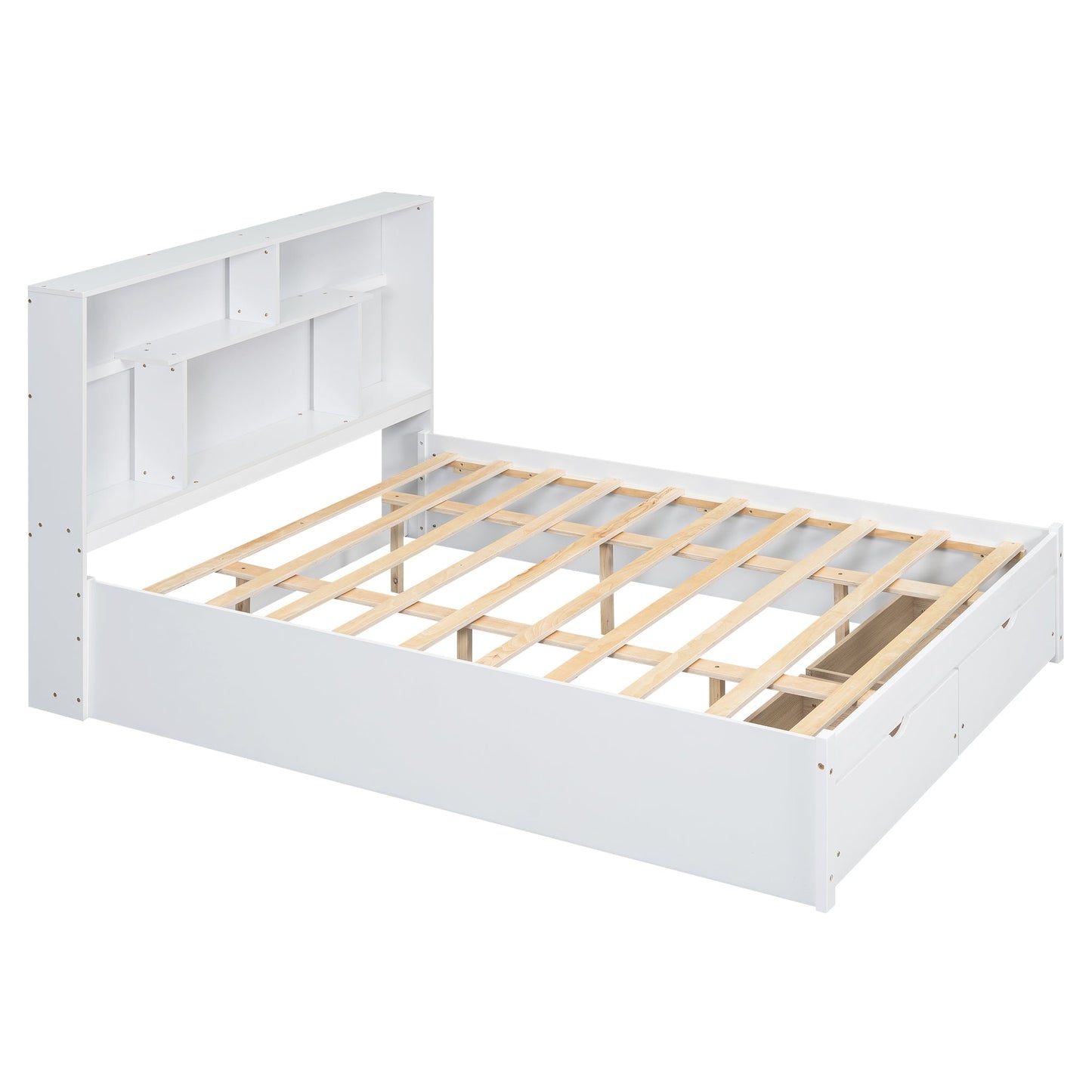 Elegant Queen Size Platform Bed with Storage Headboard, White