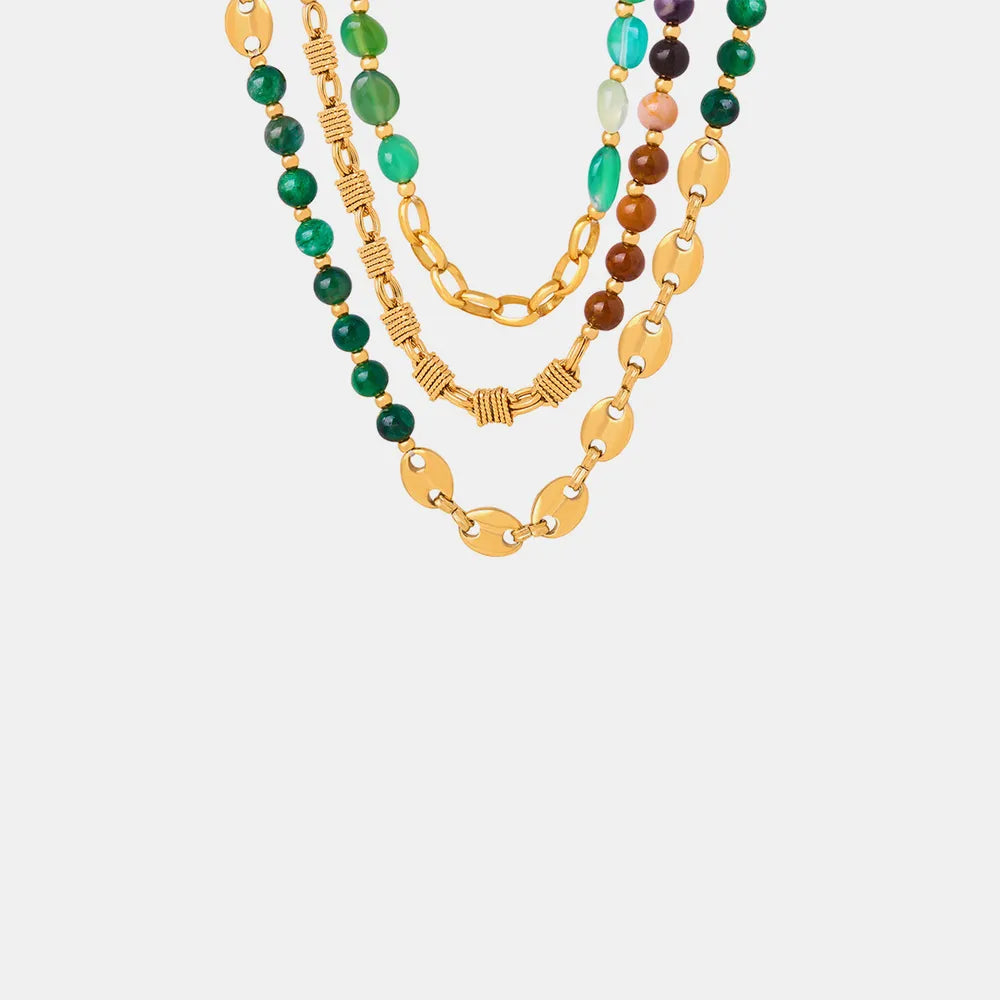 Collier en Chaîne de Perles d'Agate Élégant en Acier Titane Plaqué Or