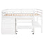 Full Size Low Loft Bed with Rolling Portable Desk, Drawers and Shelves, White - Korvel