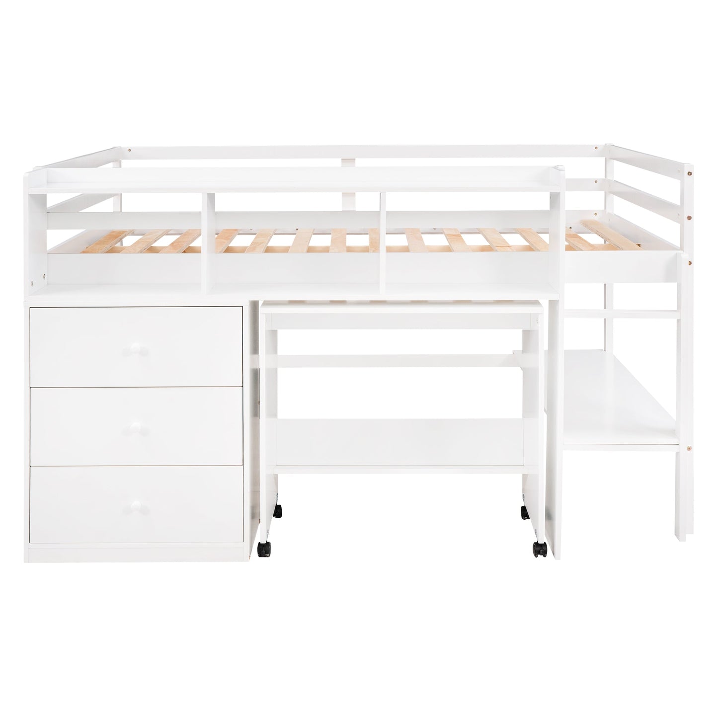 Full Size Low Loft Bed with Rolling Portable Desk, Drawers and Shelves, White - Korvel