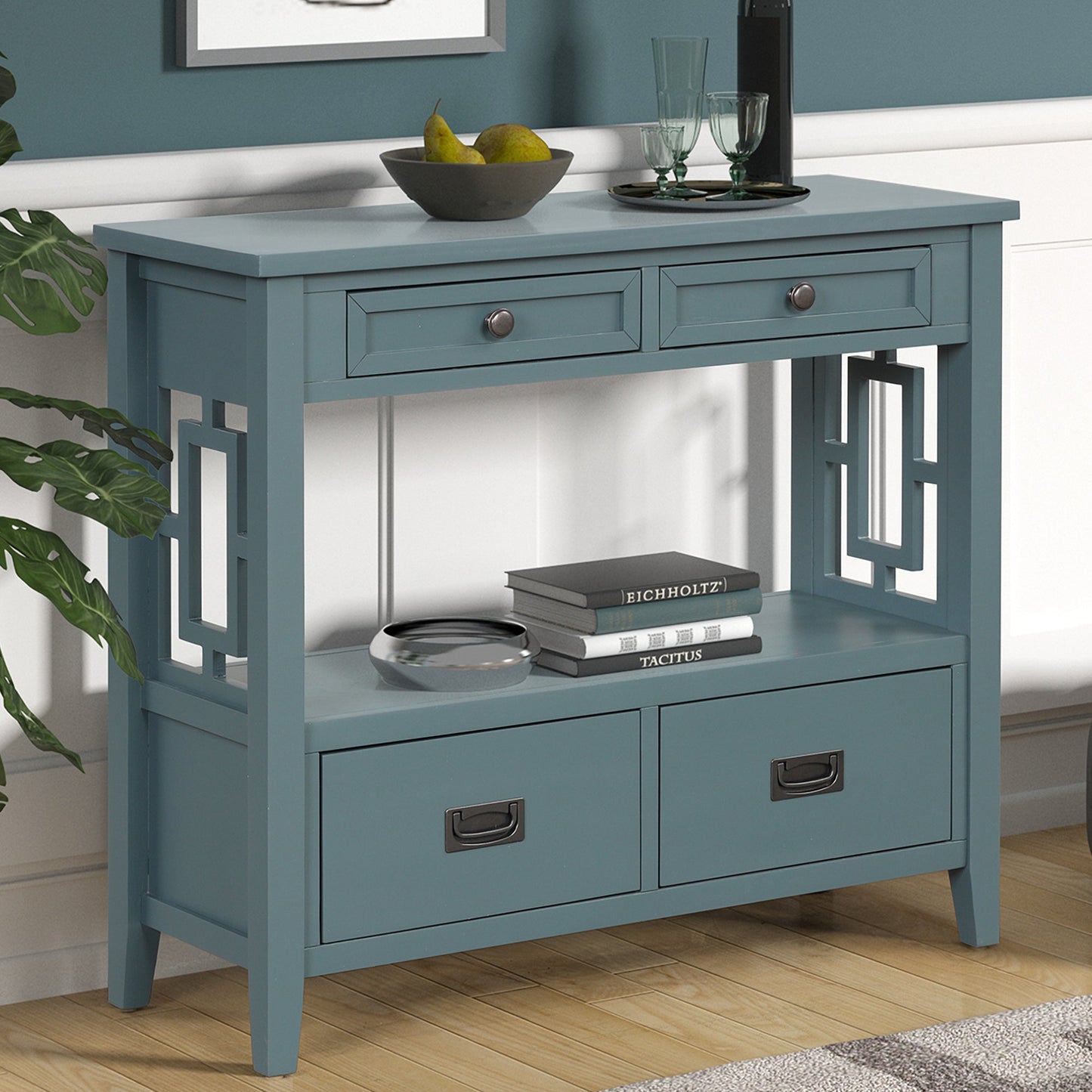 36'' Farmhouse Pine Wood Console Table Entry Sofa Table with 4 Drawers & 1 Storage Shelf ( Blue) - Korvel