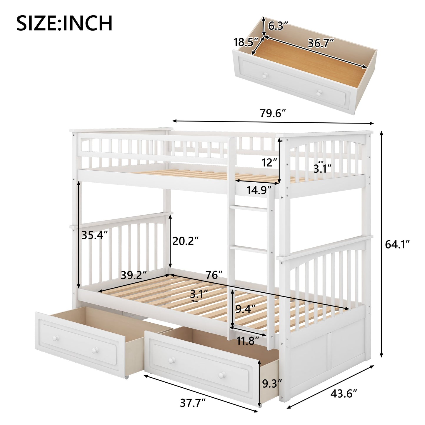 Cama litera de dos camas individuales con cajones - Blanca convertible
