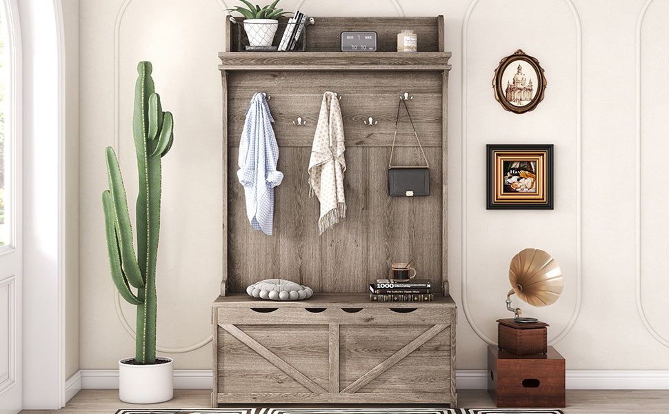 Hall tree with storage desk, entrance desk with drawers and 5 hooks, display rack,Oak - Korvel