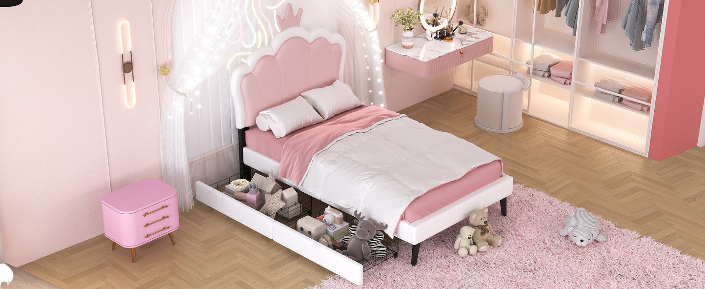Twin Size Upholstered Princess Bed with Crown Headboard