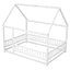 Full Size Floor Wooden Bed with House Roof Frame and Guardrails - White