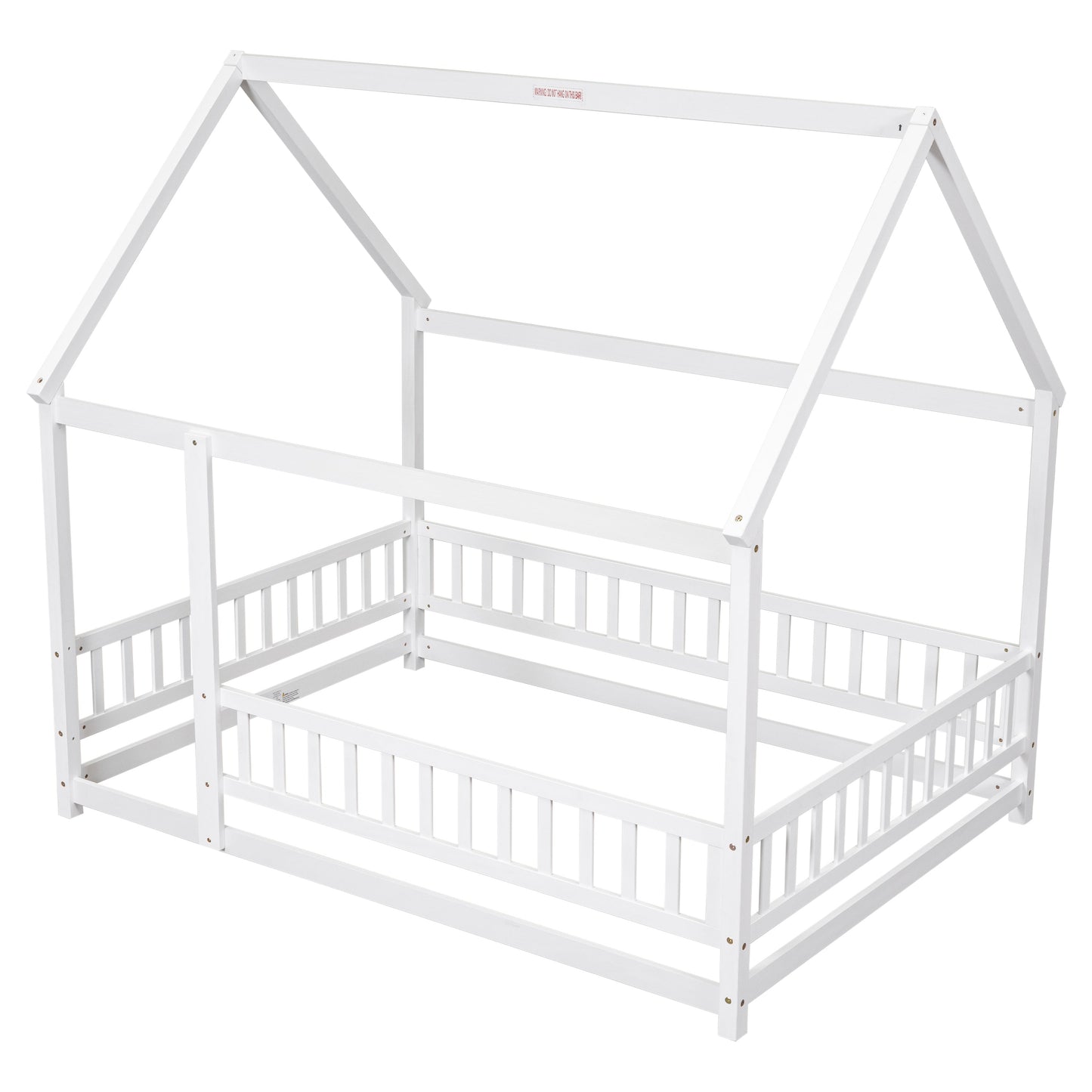 Full Size Floor Wooden Bed with House Roof Frame and Guardrails - White