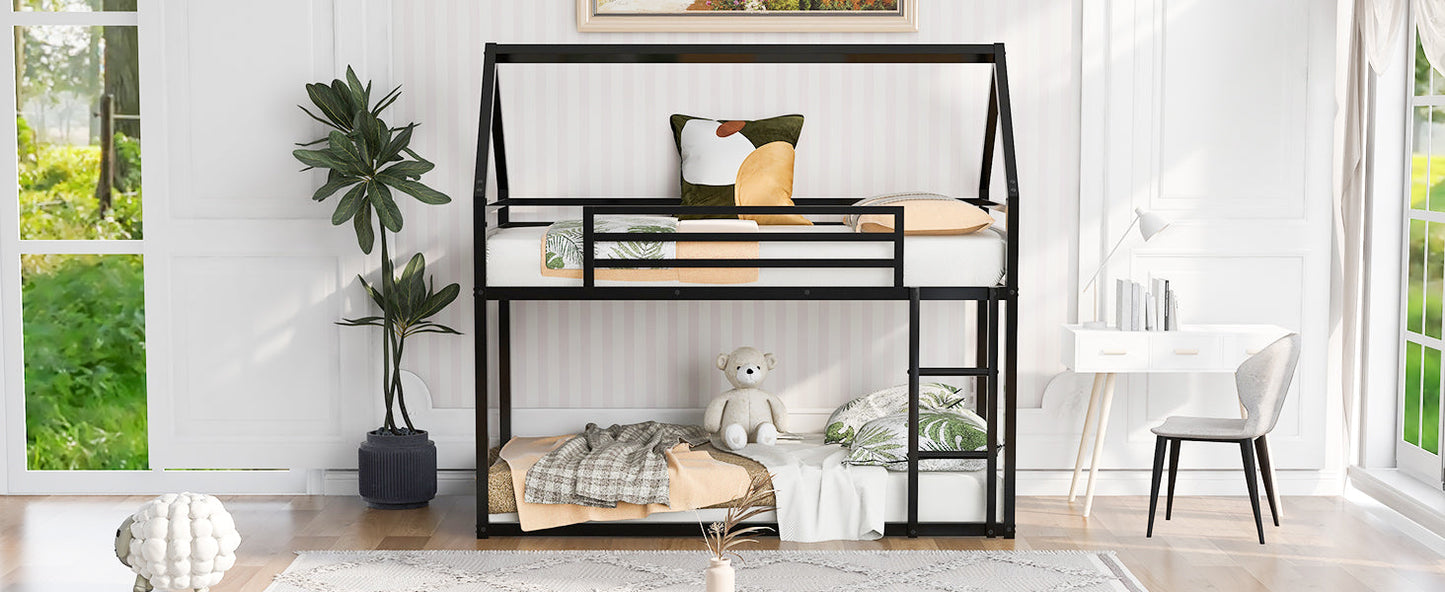 Twin over Twin House Bunk Bed with Built-in Ladder - Black