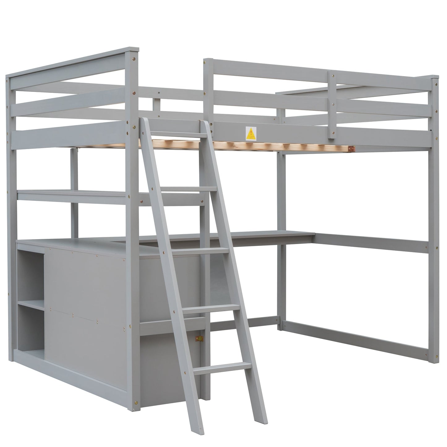 Full Size Loft Bed with Desk and Shelves - Gray