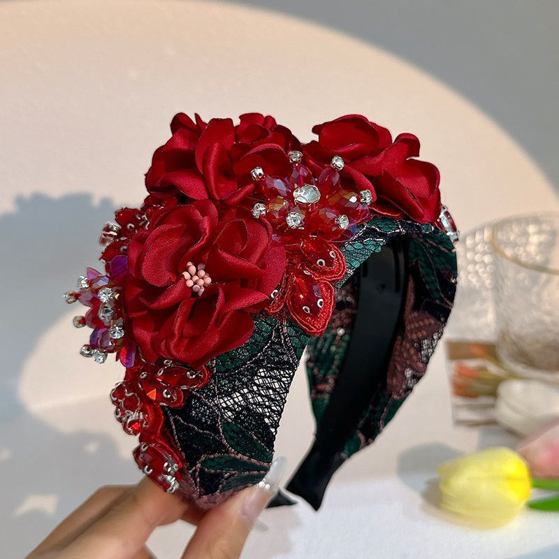 Bandeau en Fleurs en Tissu Fait Main et Diamant d'Eau Élégant