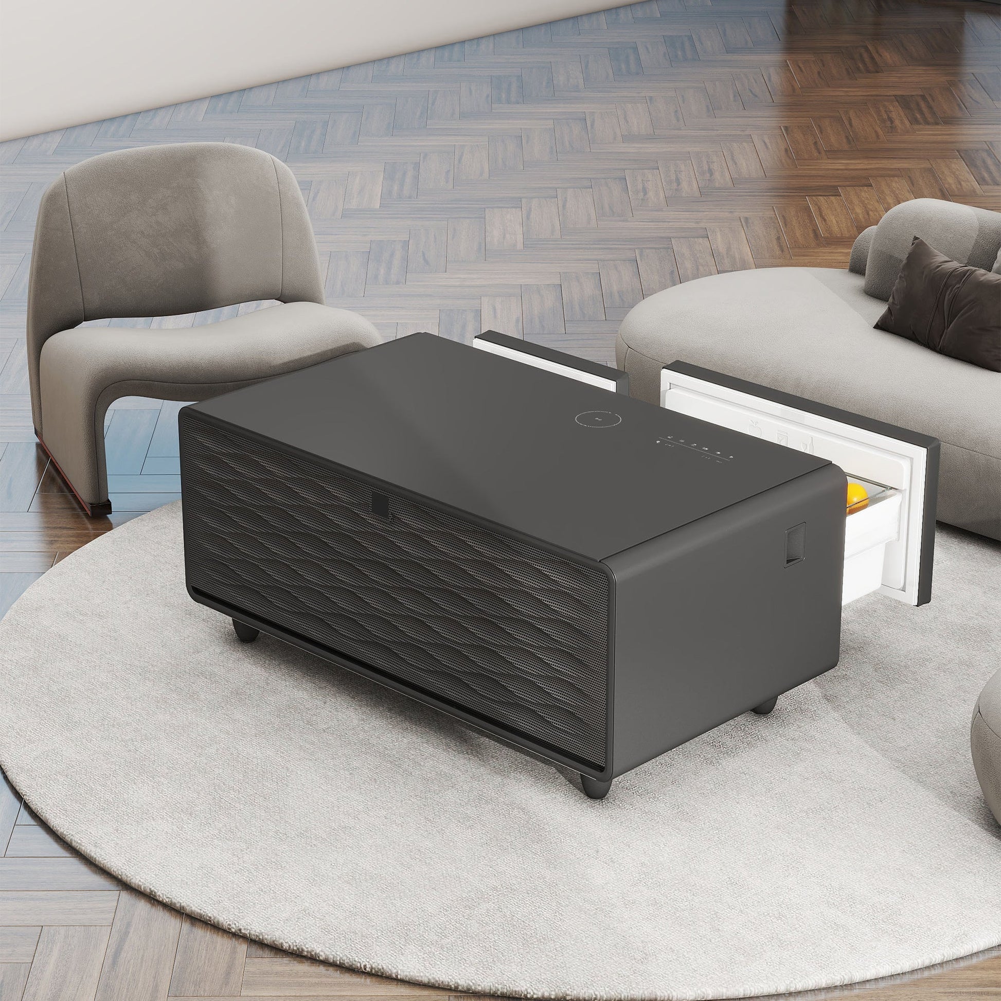 Modern Smart Coffee Table with Built-in Fridge, Bluetooth Speaker, Wireless Charging, Touch Control Panel, USB Interface Black - Korvel