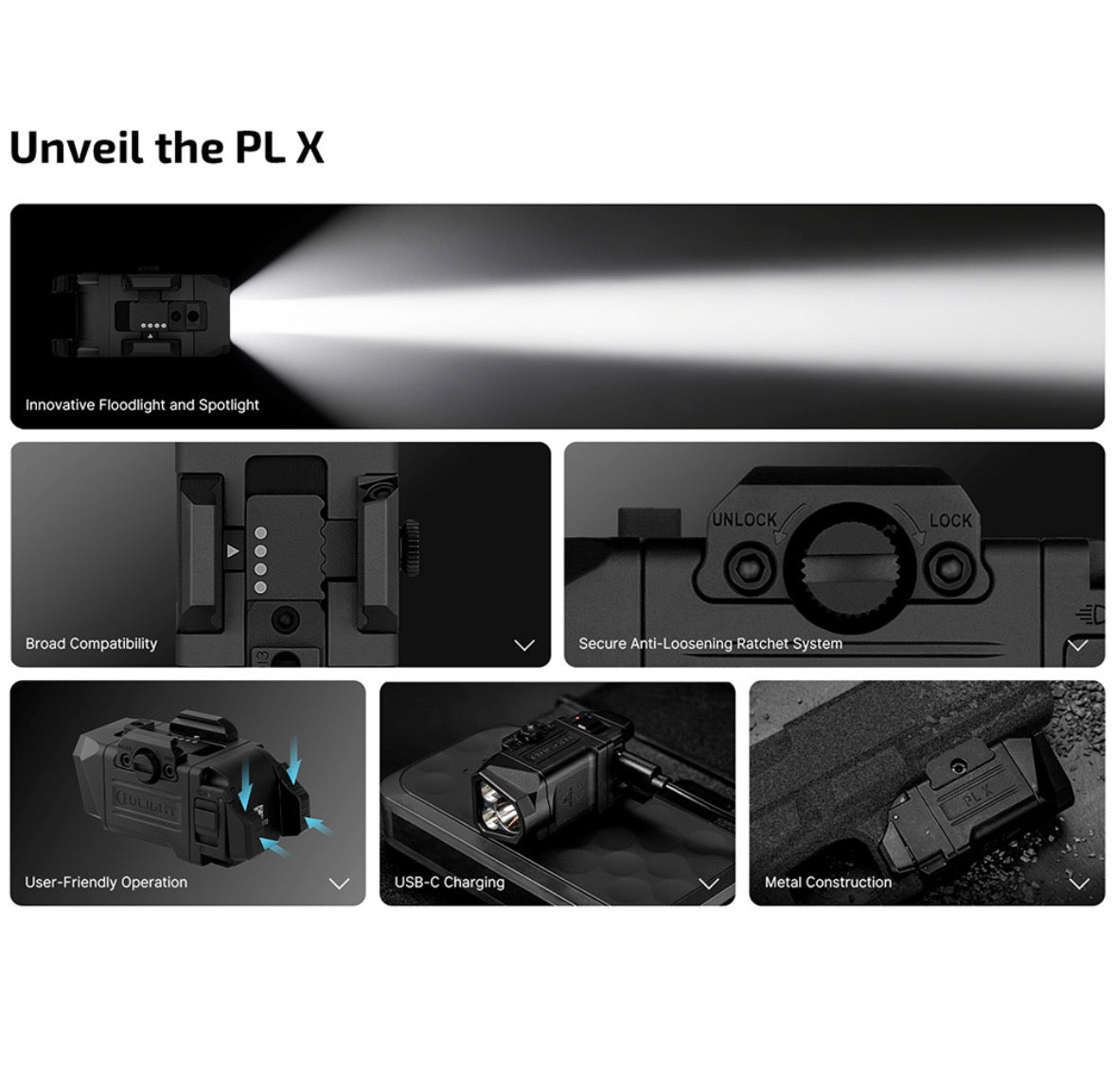 Olight PL-X Lampe de Pistolet à Double Faisceau 1200 Lumens Rechargeable USB-C
