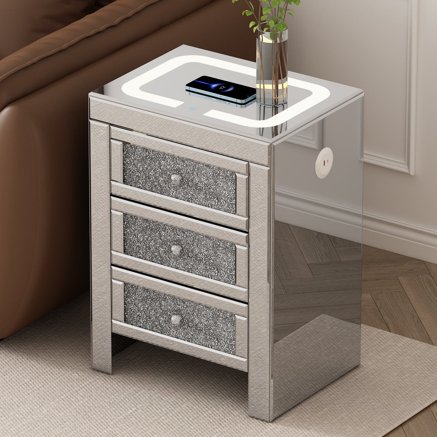 U-Can 15.7" Silver Rectangular Mirror Coffee Table with Charging Function