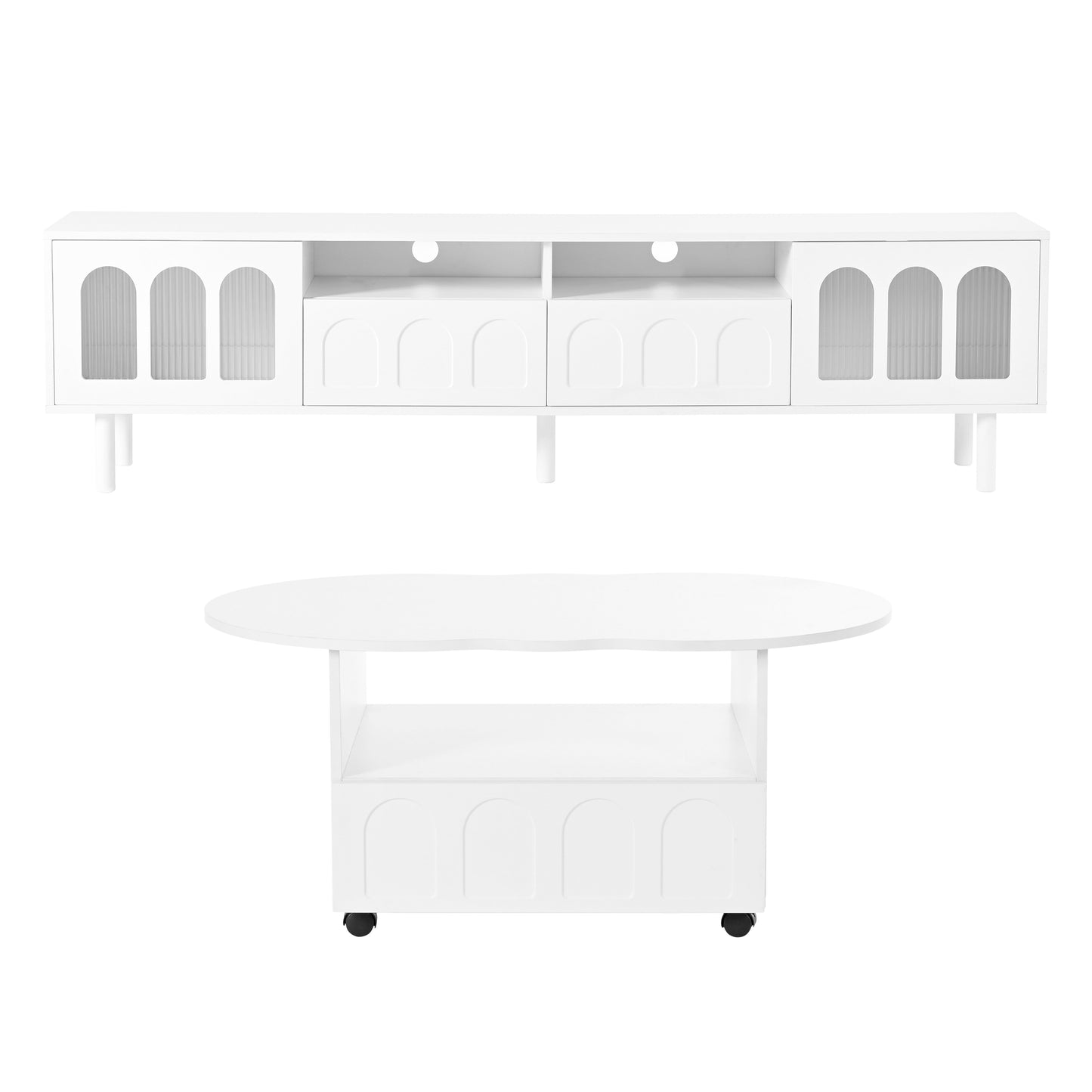 Two sets of ON-TRANS cream style TV stands and coffee tables, suitable for TVs under 80 inches, white - Korvel