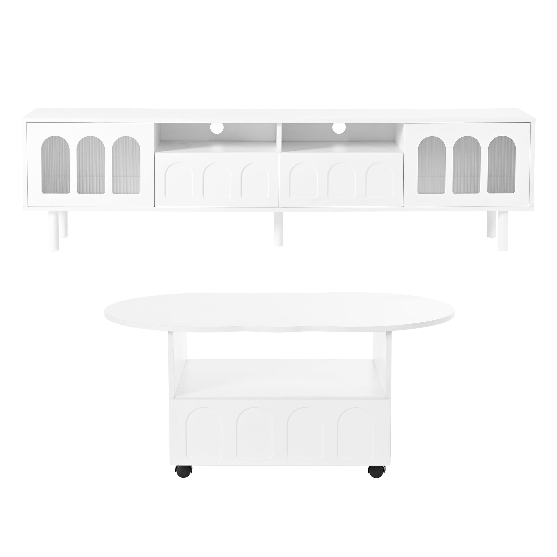 Two sets of ON-TRANS cream style TV stands and coffee tables, suitable for TVs under 80 inches, white - Korvel