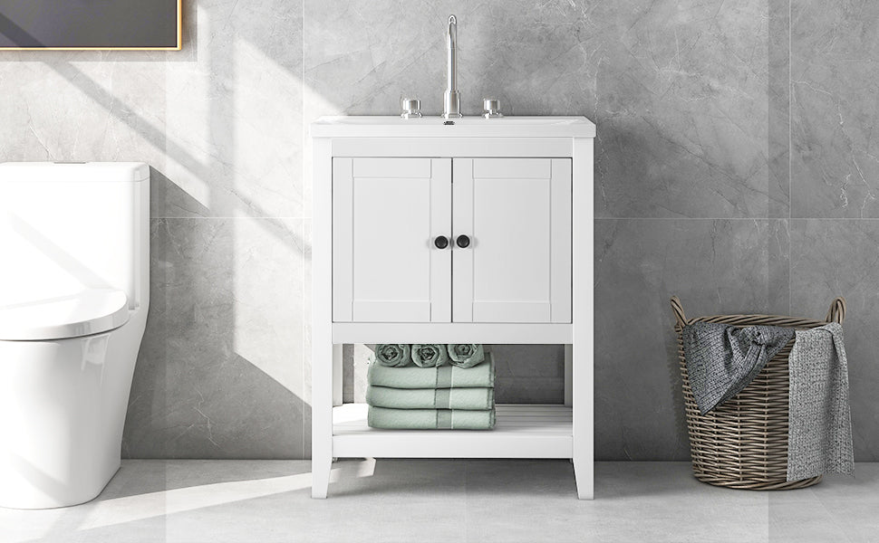 24" White Modern Sleek Bathroom Vanity Elegant Ceramic Sink with Solid Wood Frame Open Style Shelf - Korvel