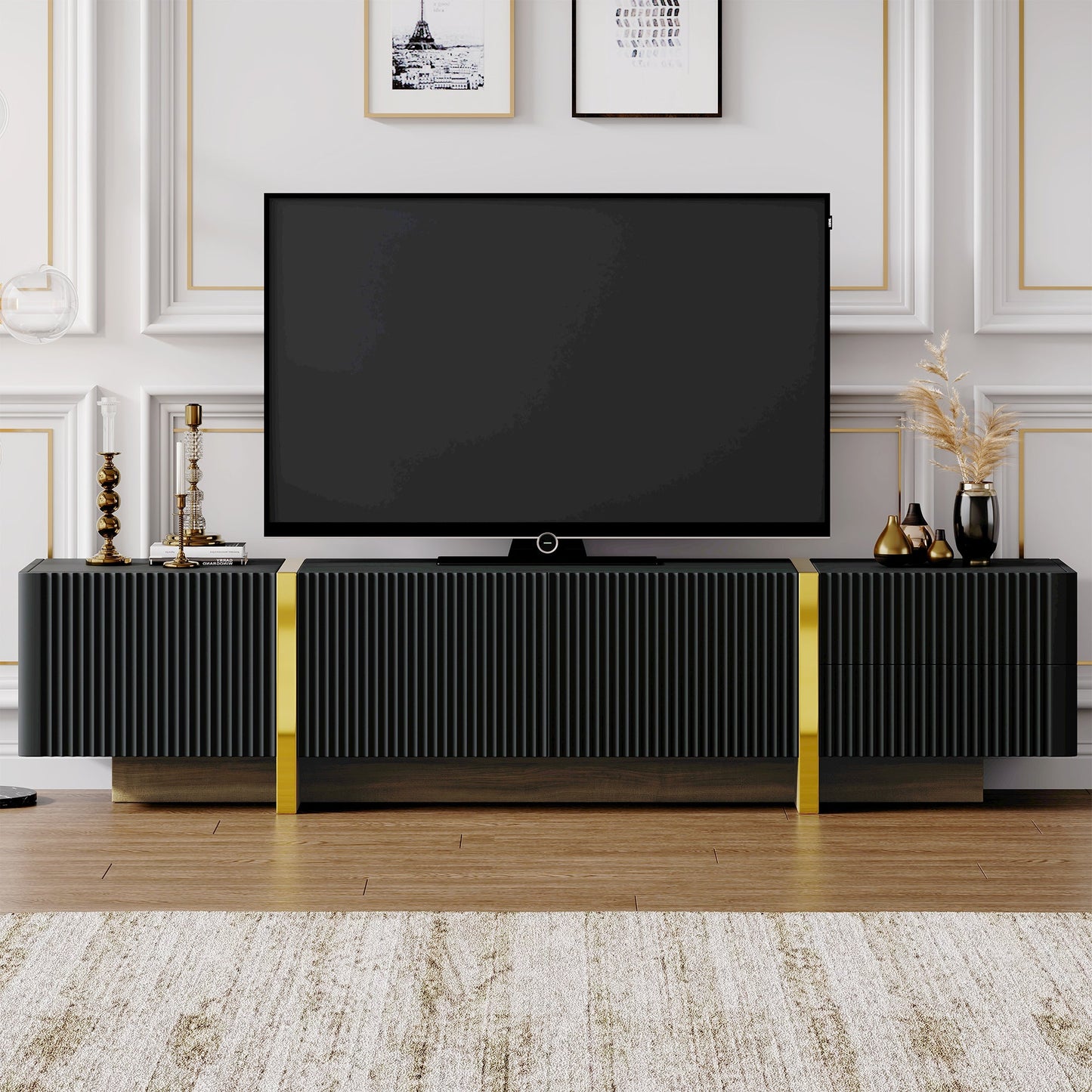 Luxury Fluted TV Stand for TVs Up to 80'', Modern Entertainment Center with Storage Cabinets & Drawers Black - Korvel