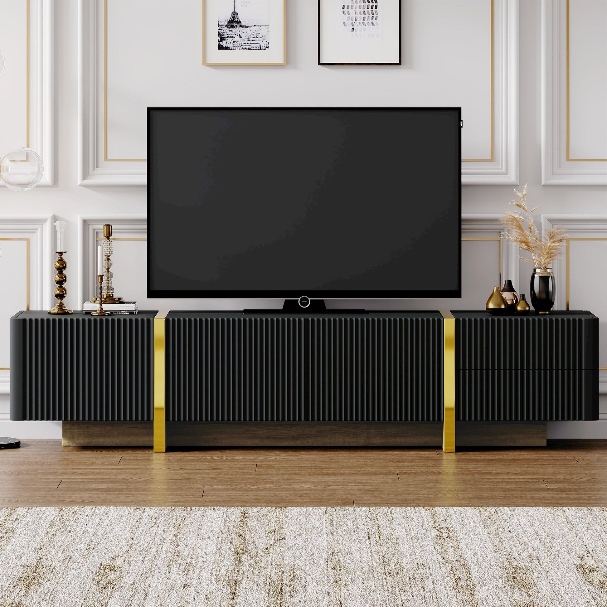 Luxury Fluted TV Stand for TVs Up to 80'', Modern Entertainment Center with Storage Cabinets & Drawers Black - Korvel