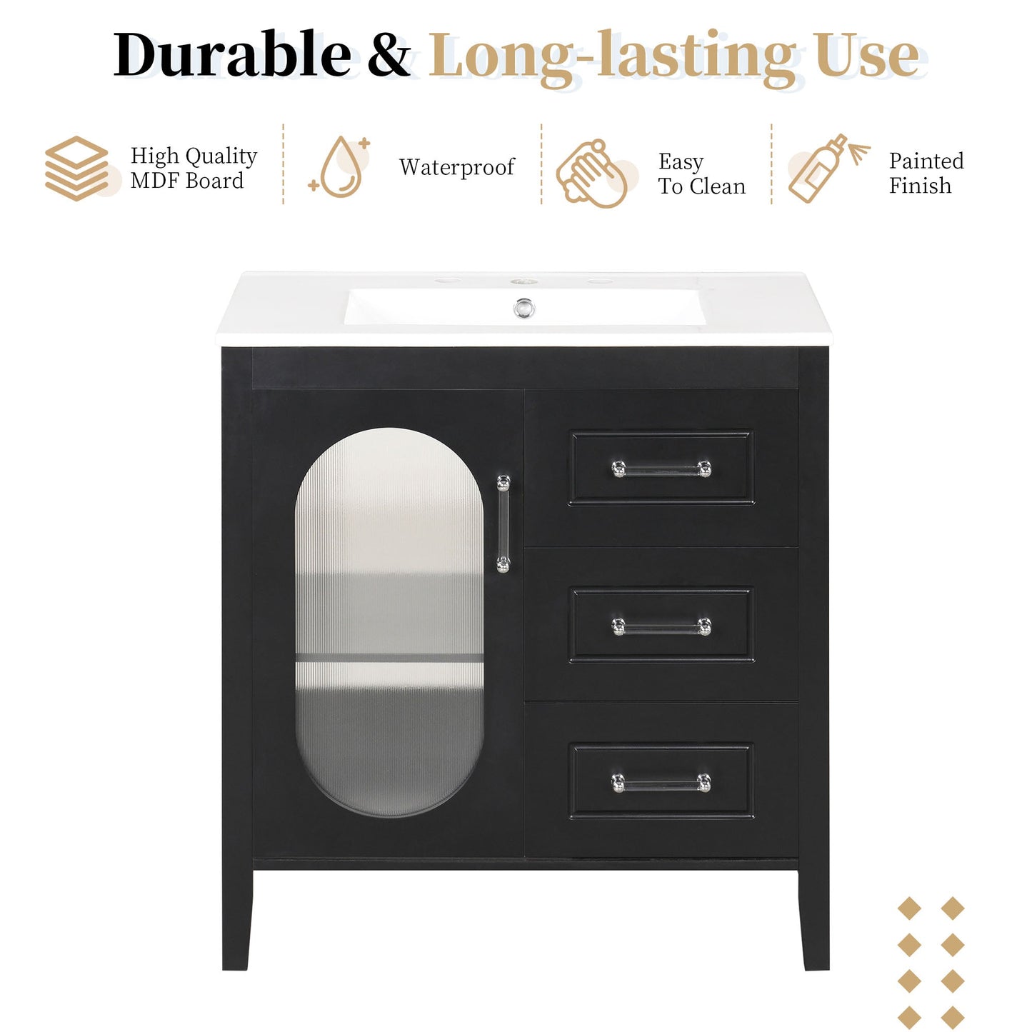 30" Bathroom Vanity with Sink, Bathroom Vanity Cabinet with Two Drawers and Door, Adjustable Shelf, Solid Wood and MDF, Black - Korvel