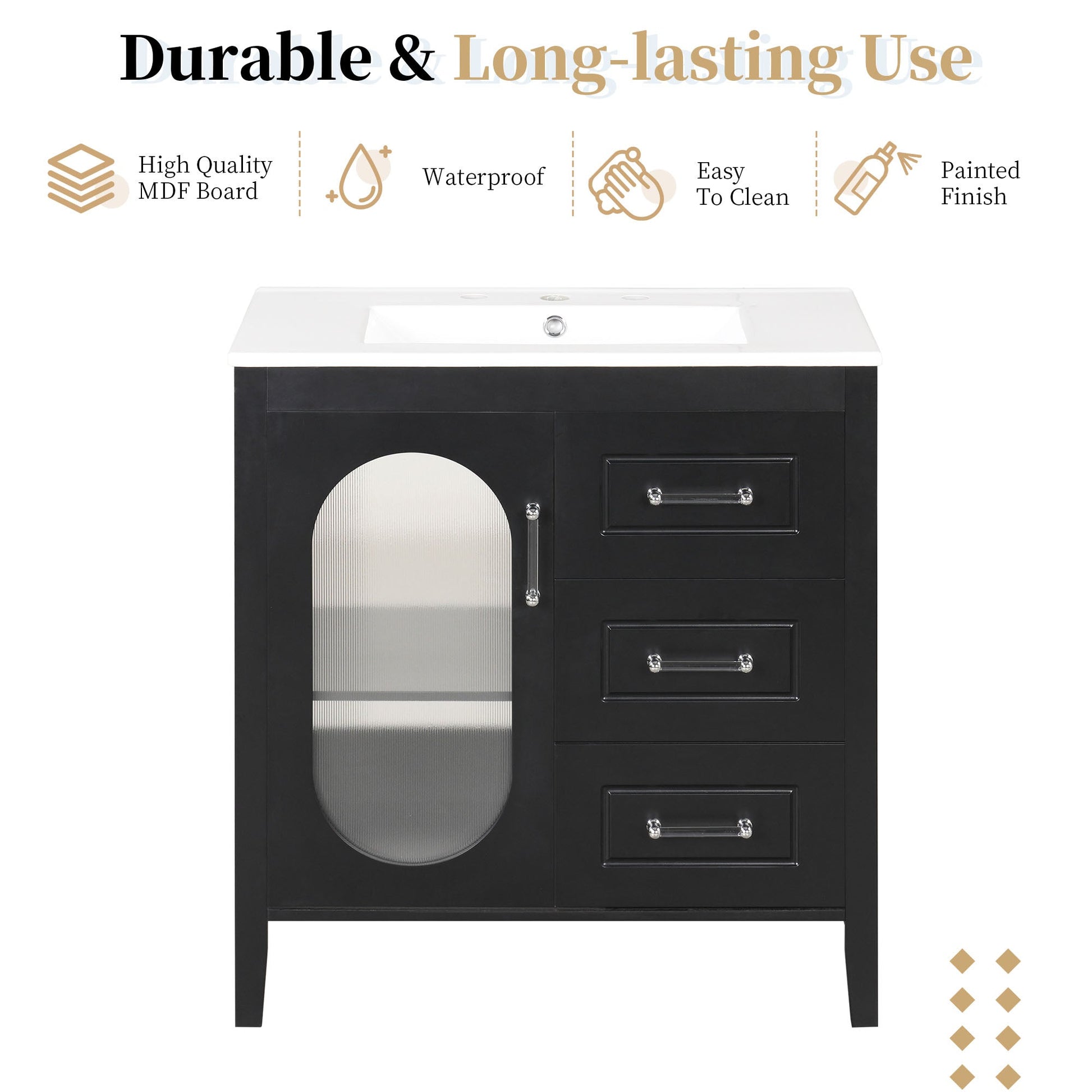 30" Bathroom Vanity with Sink, Bathroom Vanity Cabinet with Two Drawers and Door, Adjustable Shelf, Solid Wood and MDF, Black - Korvel