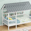 Wood Twin Size House Bed with Roof, Guardrail and Shelves, White - Korvel