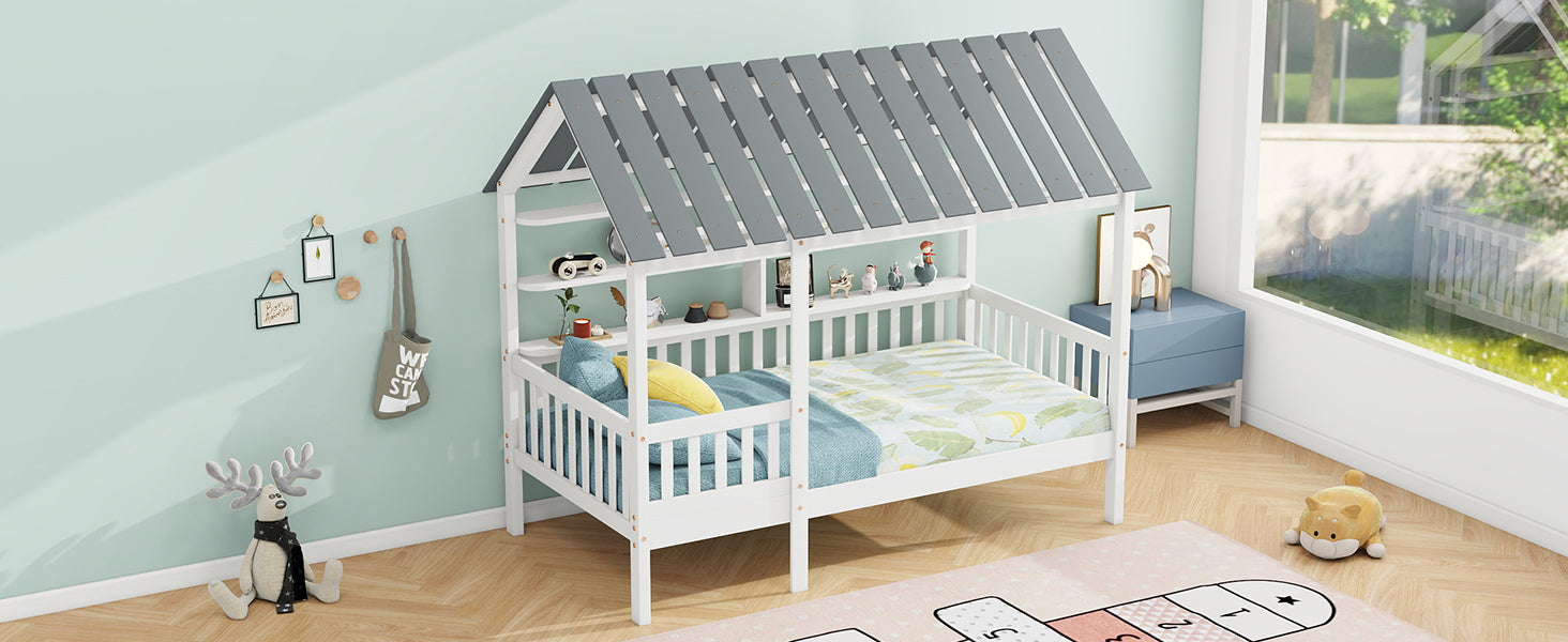 Wood Twin Size House Bed with Roof, Guardrail and Shelves, White - Korvel