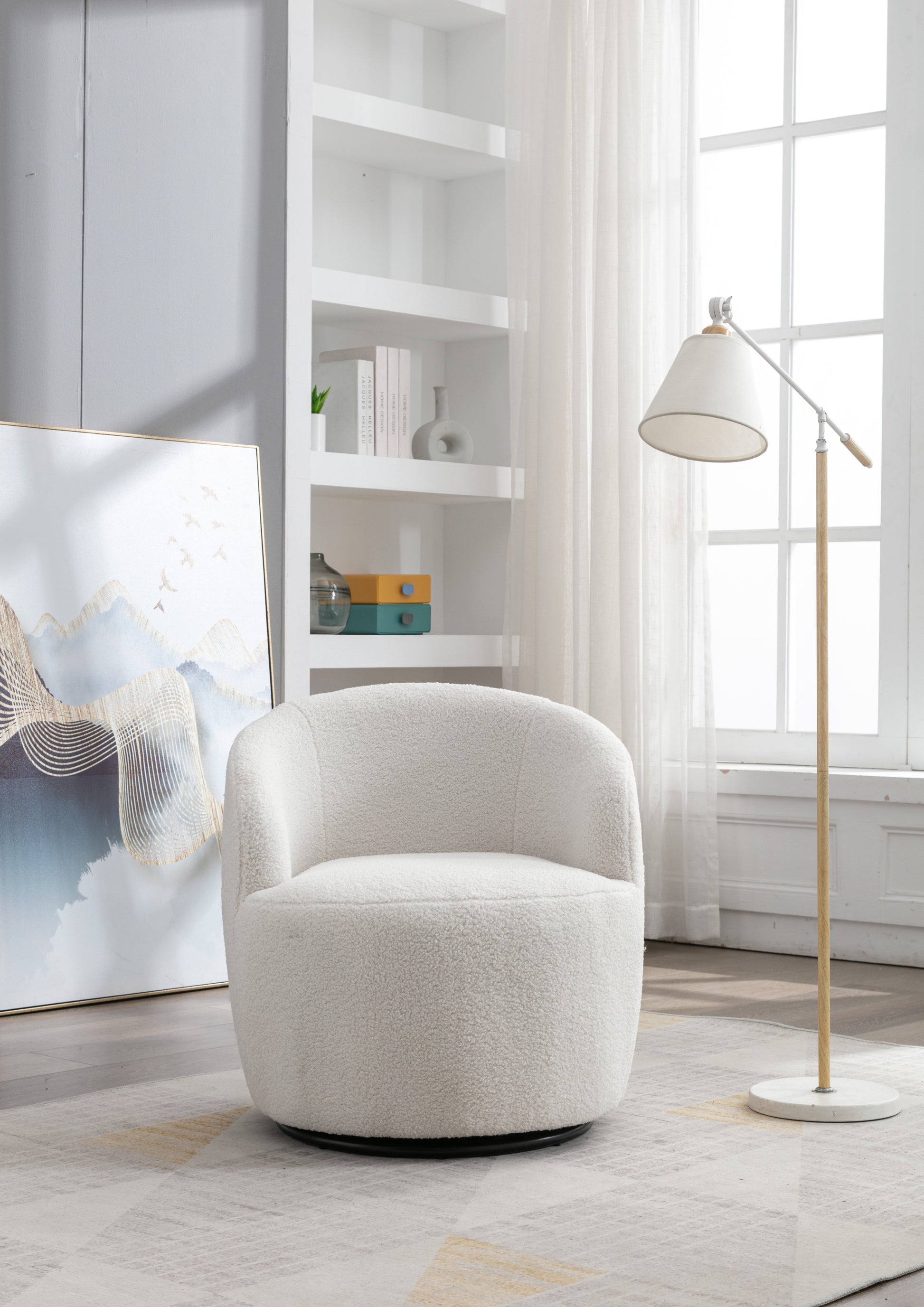 Teddy Fabric Swivel Accent Armchair Barrel Chair With Black Powder Coating Metal Ring Ivory White - Korvel