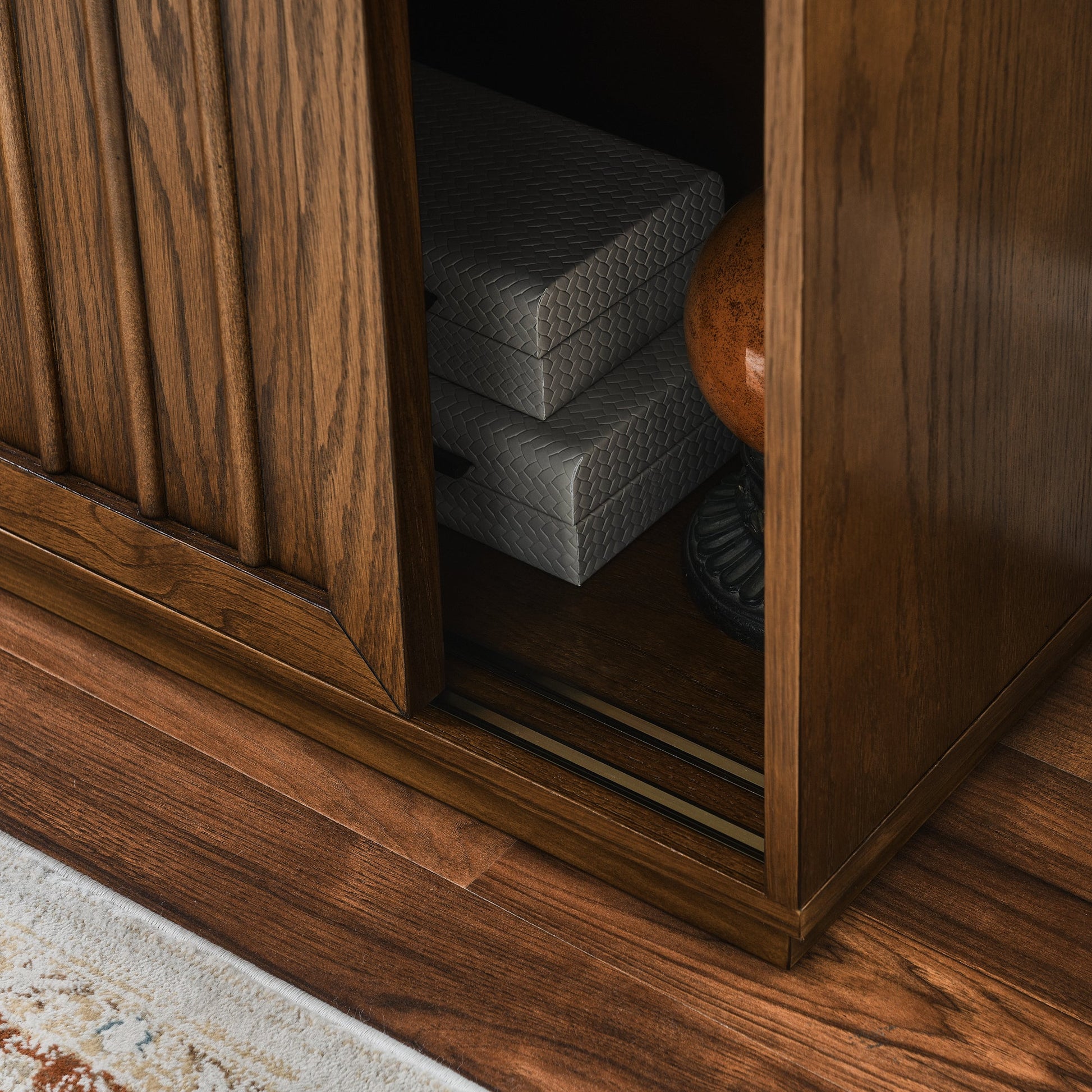 Medieval side panel with 2 sliding doors and solid wood decorative strips, storage cabinet - Korvel