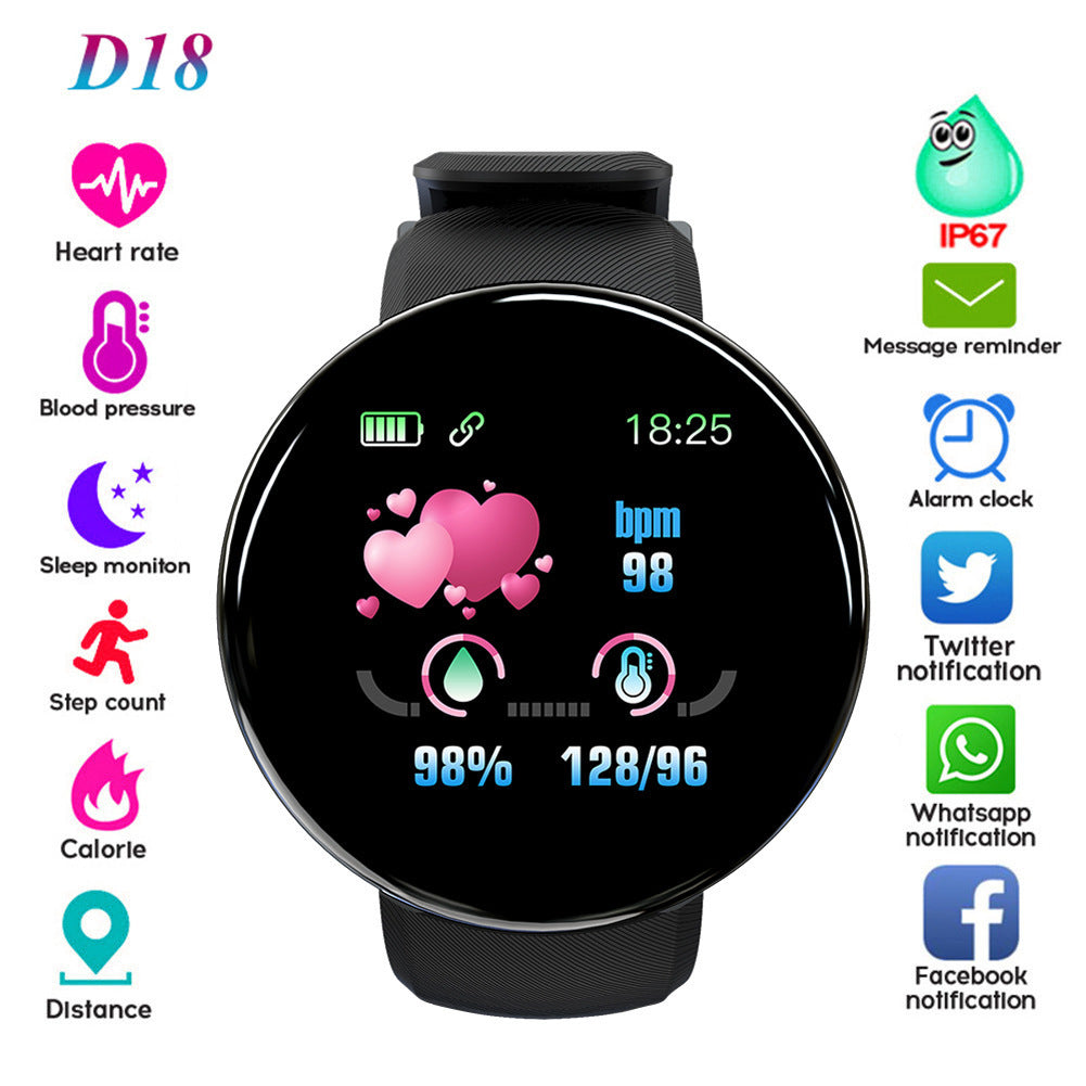 D18 Smart Bracelet Color Round Screen Heart Rate Blood Pressure Sleep Monitoring Pedometer Sports Encyclopedia Star Smart Watch - Korvel