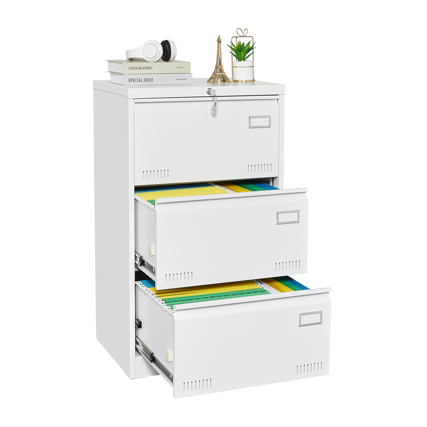 Cabinet de classement latéral premium avec serrure - 3 tiroirs design blanc