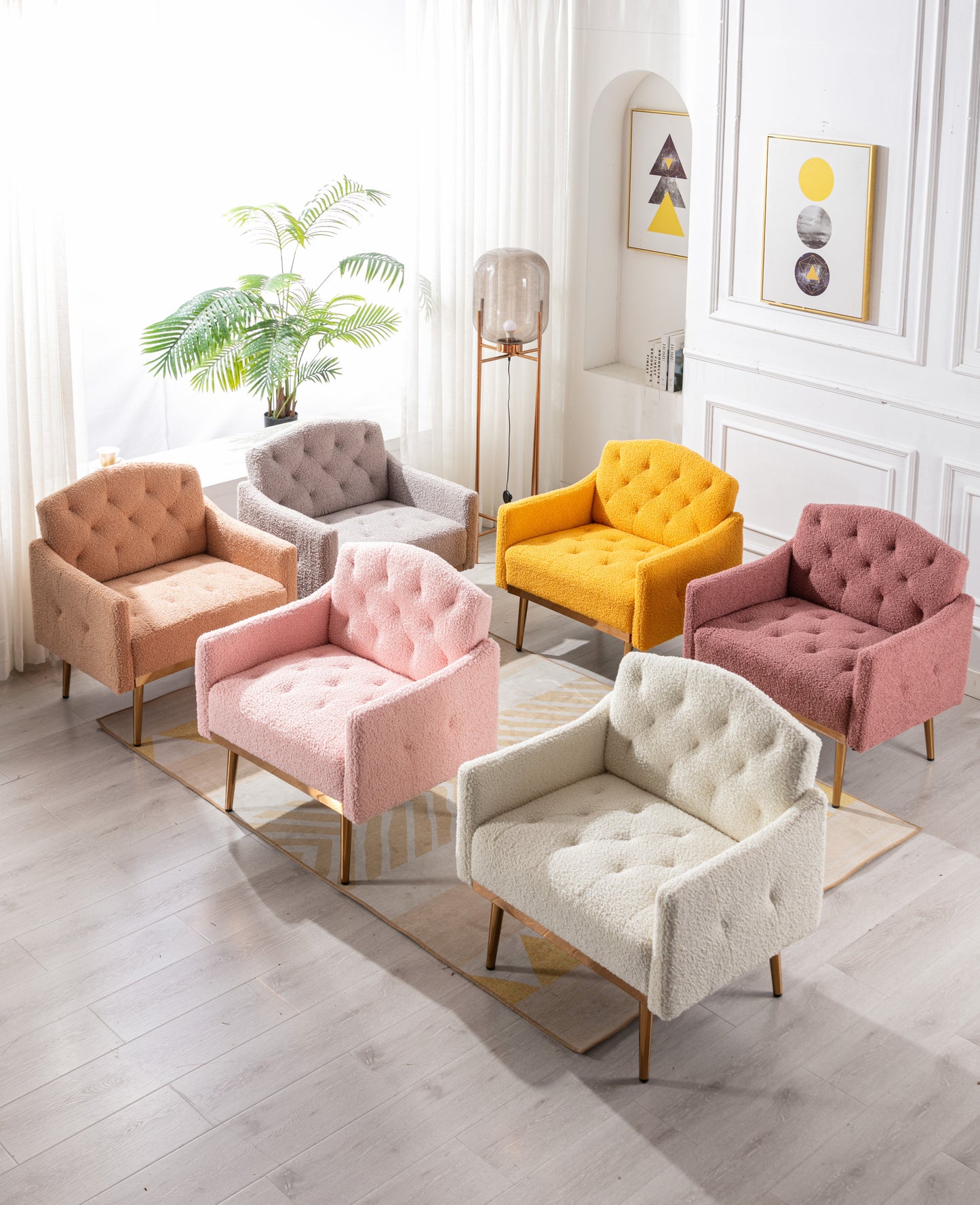 COOLMORE modern style armchair, plush decorative fabric armchair with golden metal legs (white teddy bear) - Korvel
