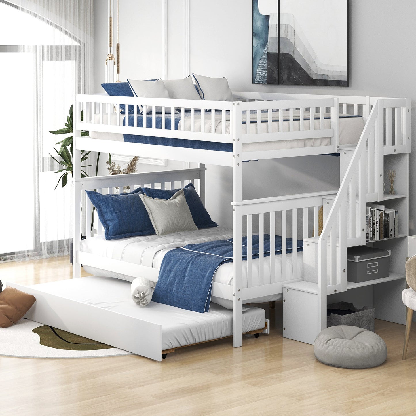 Full over Full Bunk Bed with Trundle and Staircase White - Korvel
