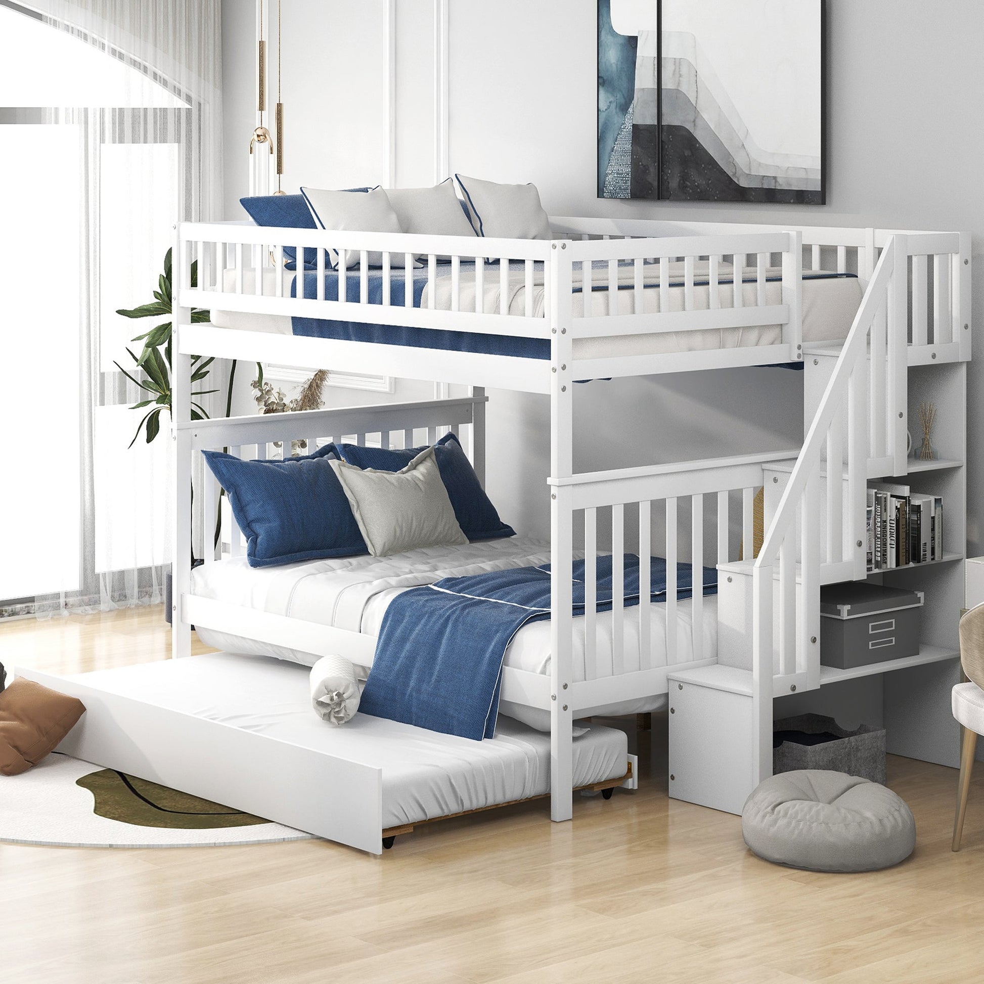 Full over Full Bunk Bed with Trundle and Staircase White - Korvel