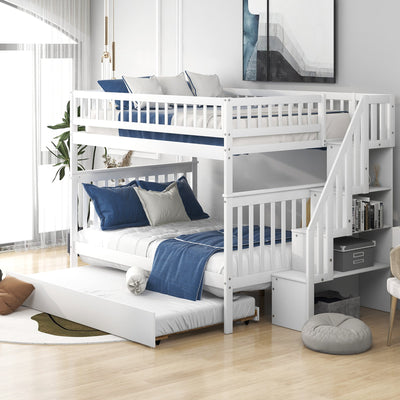 Full over Full Bunk Bed with Trundle and Staircase White - Korvel