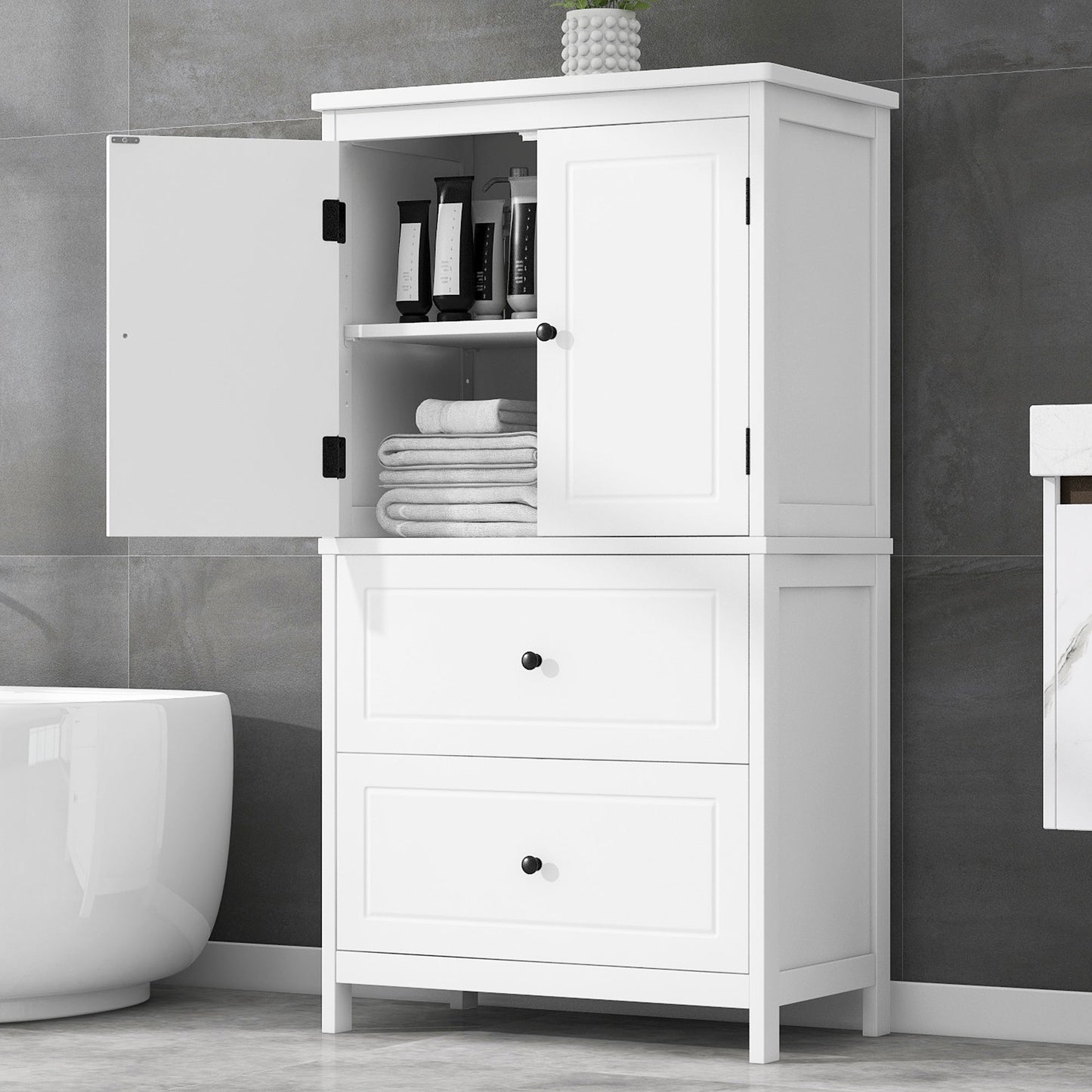 Bathroom Storage Cabinet, Cabinet with Two Doors and Drawers, Adjustable Shelf, MDF Board, White - Korvel