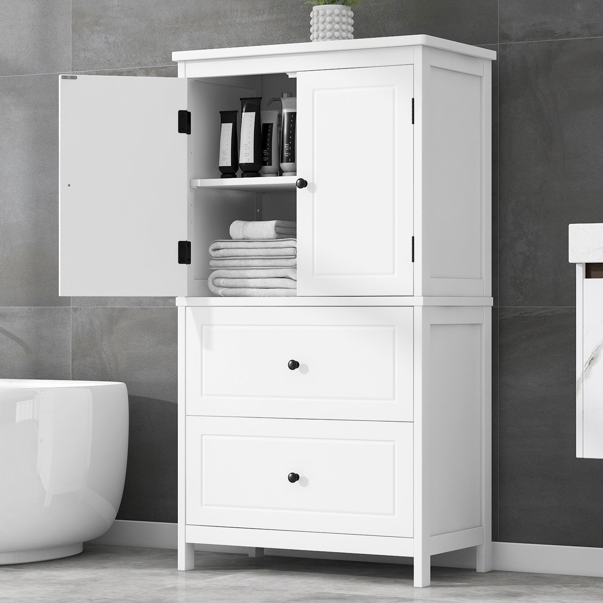 Bathroom Storage Cabinet, Cabinet with Two Doors and Drawers, Adjustable Shelf, MDF Board, White - Korvel