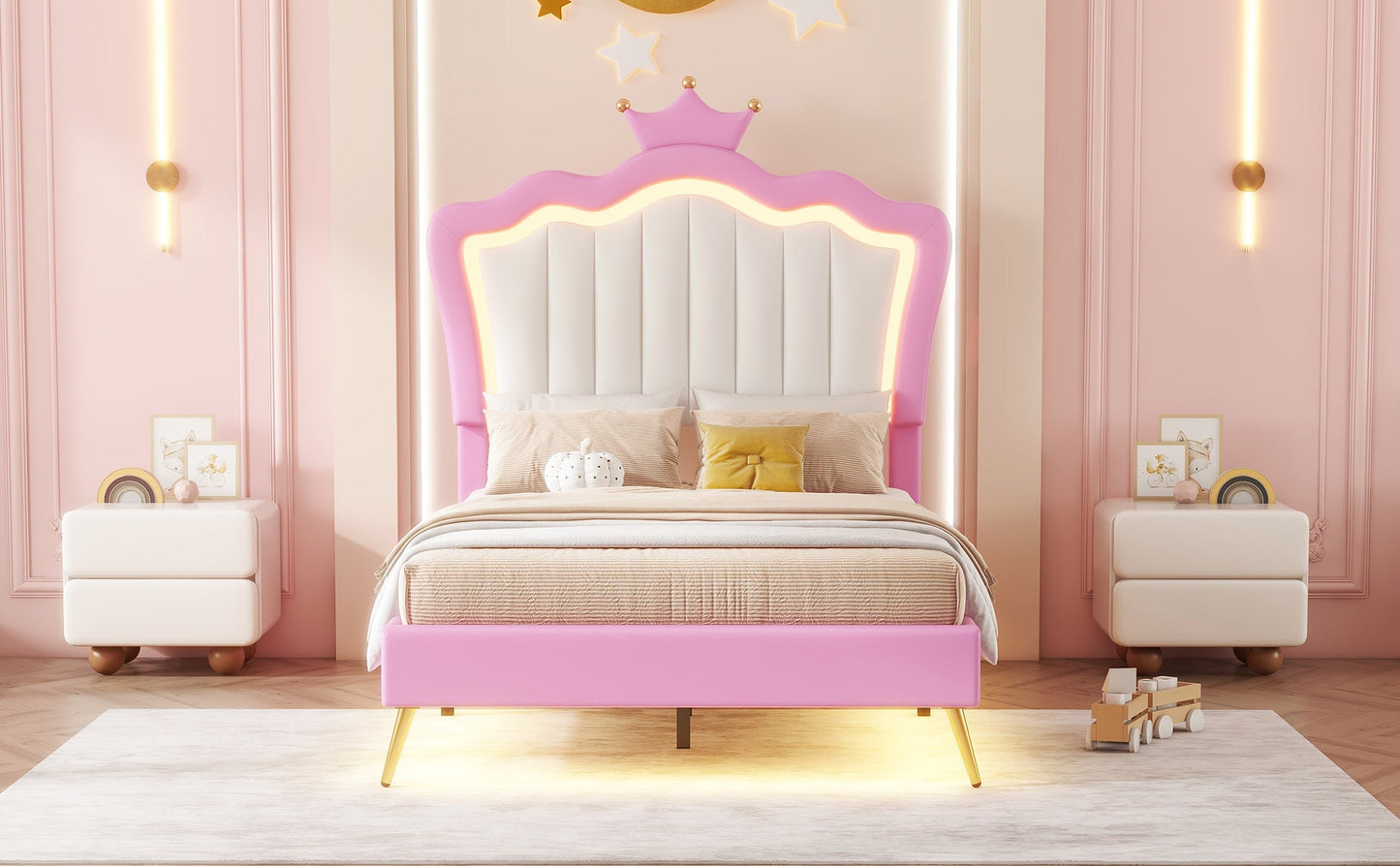 Twin Size Upholstered Bed Frame with LED Lights - Pink & White
