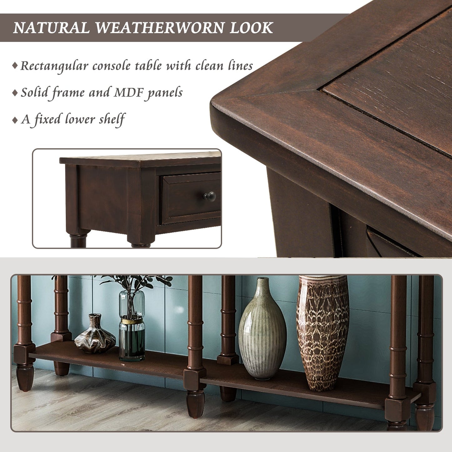 TREXM Espresso Console Table with Storage Drawers