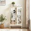 Dual door Curio cabinet with tempered glass door mirror back panel and adjustable shelf display cabinet with light bulbs, white - Korvel