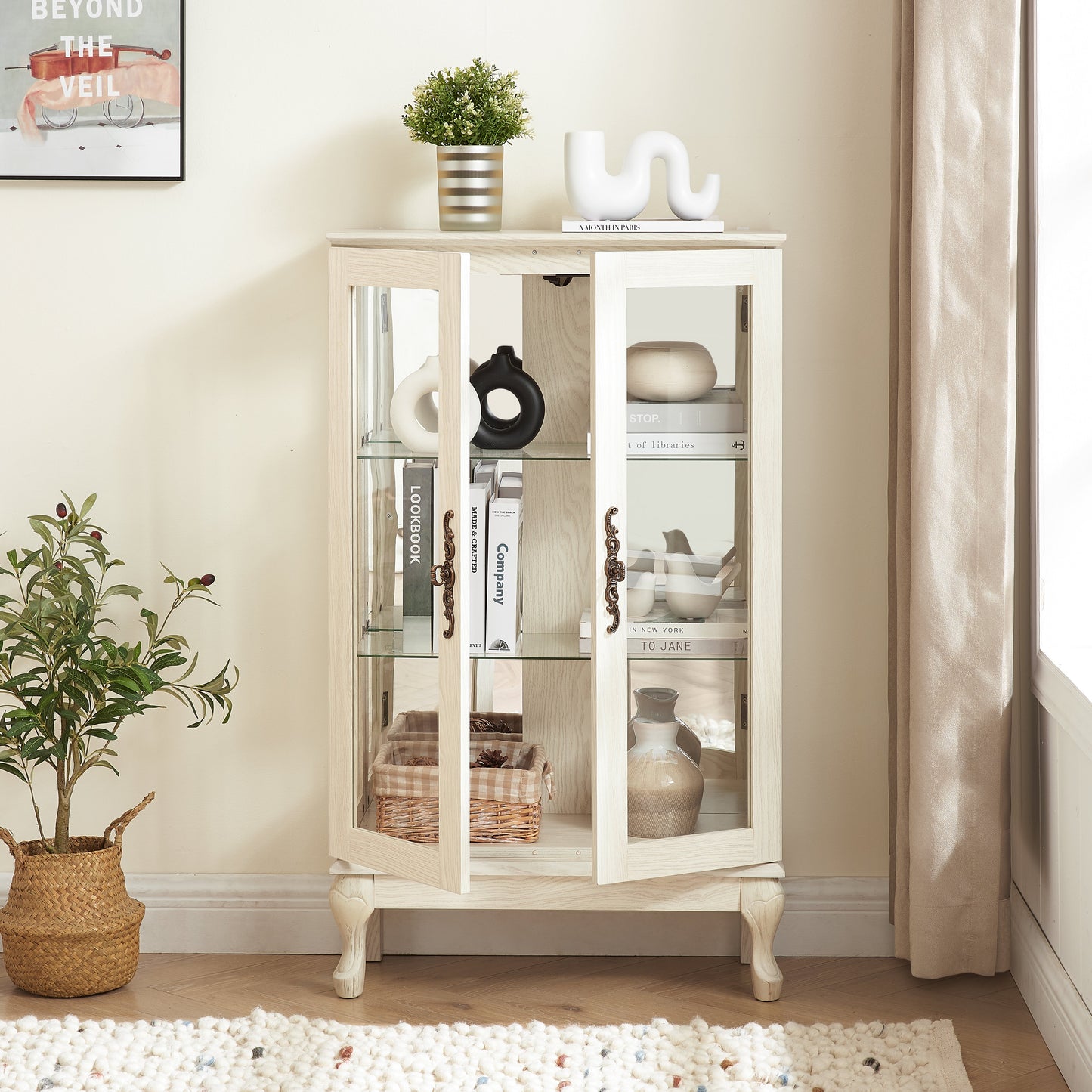 Dual door Curio cabinet with tempered glass door mirror back panel and adjustable shelf display cabinet with light bulbs, white - Korvel