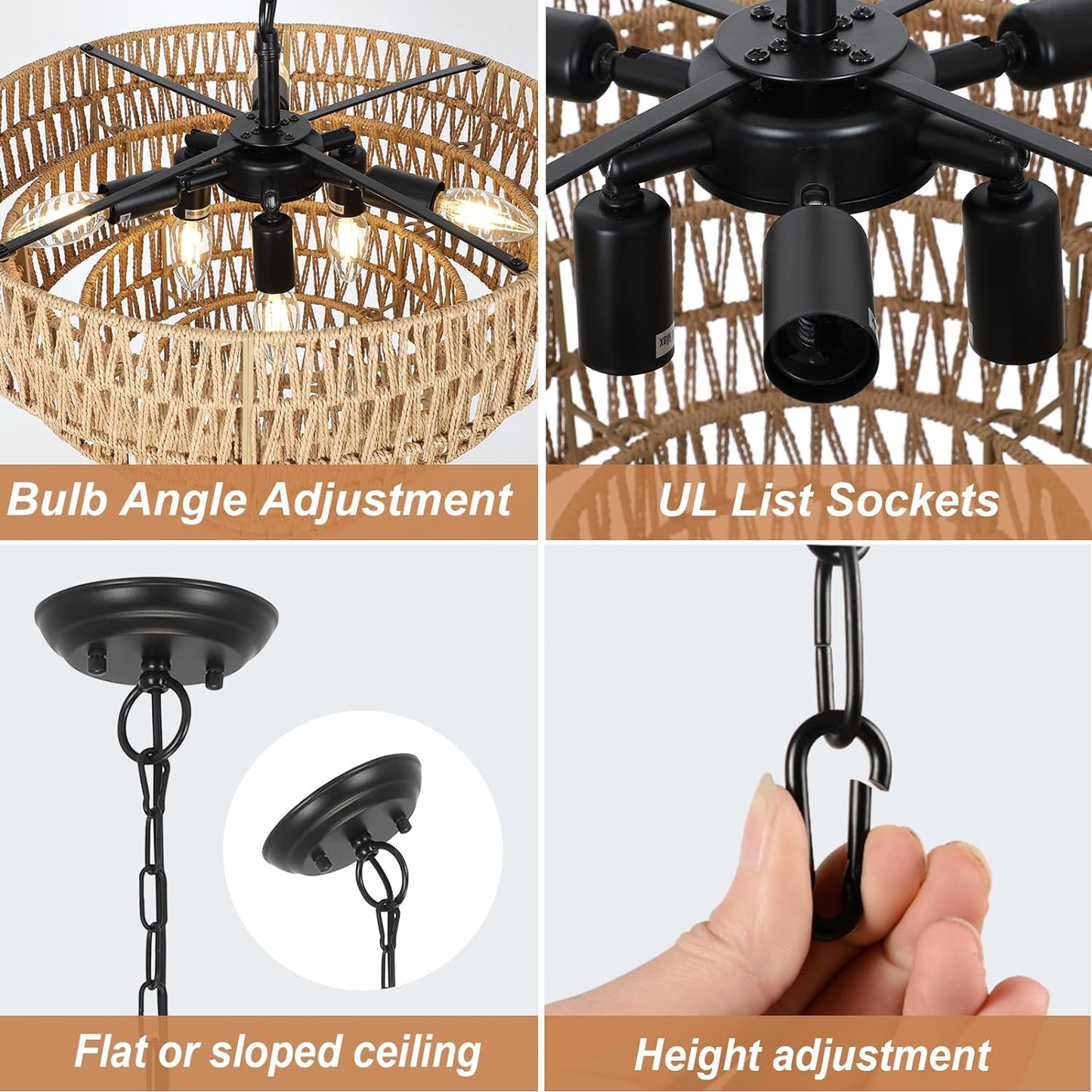 6-Light Dining Room Light Fixture, Wicker Pendant Lighting with 4-Tier Woven Lampshade, Large Farmhouse Chandeliers (20") - Korvel