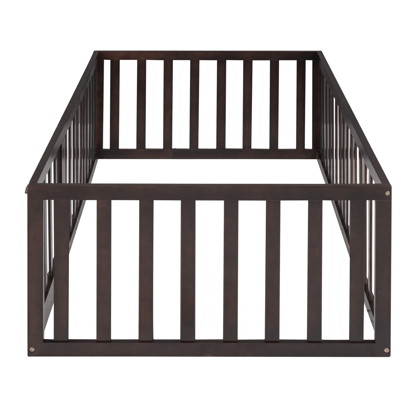 Twin Size Wood Floor Bed Frame with Fence and Door Walnut(OLD SKU :WF289661AAL) - Korvel